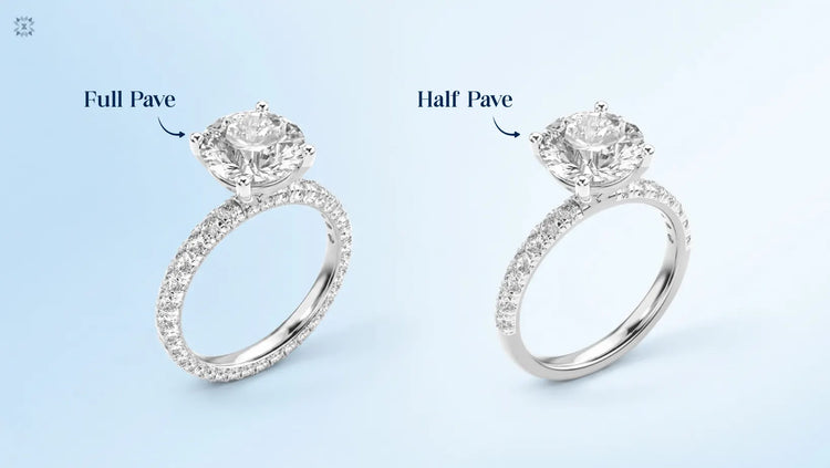 Full pave and half pave diamond engagement rings comparison