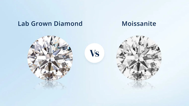 Lab grown diamond vs moissanite comparison featuring round cut gemstones side by side