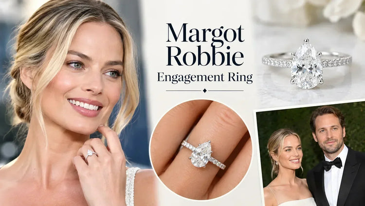 Margot Robbie engagement ring with pear shaped diamond