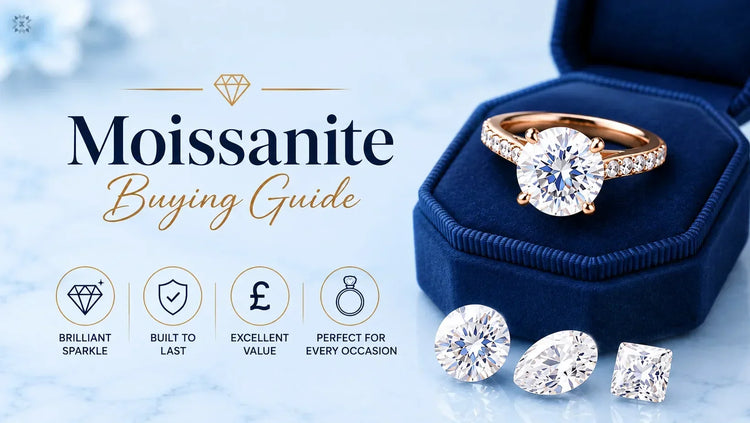 Moissanite Buying Guide UK with ring and loose stones