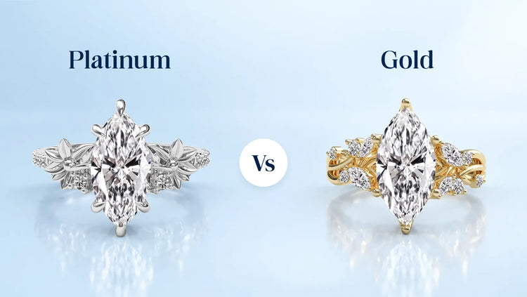 Platinum and gold engagement rings with marquise cut centre stones compared side by side