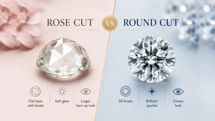 Rose cut vs round cut diamond comparison showing sparkle and appearance differences