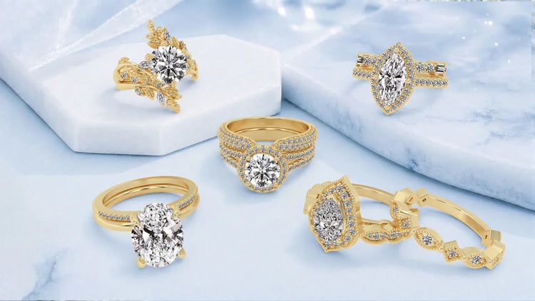Lab grown diamond engagement ring styles in yellow gold settings