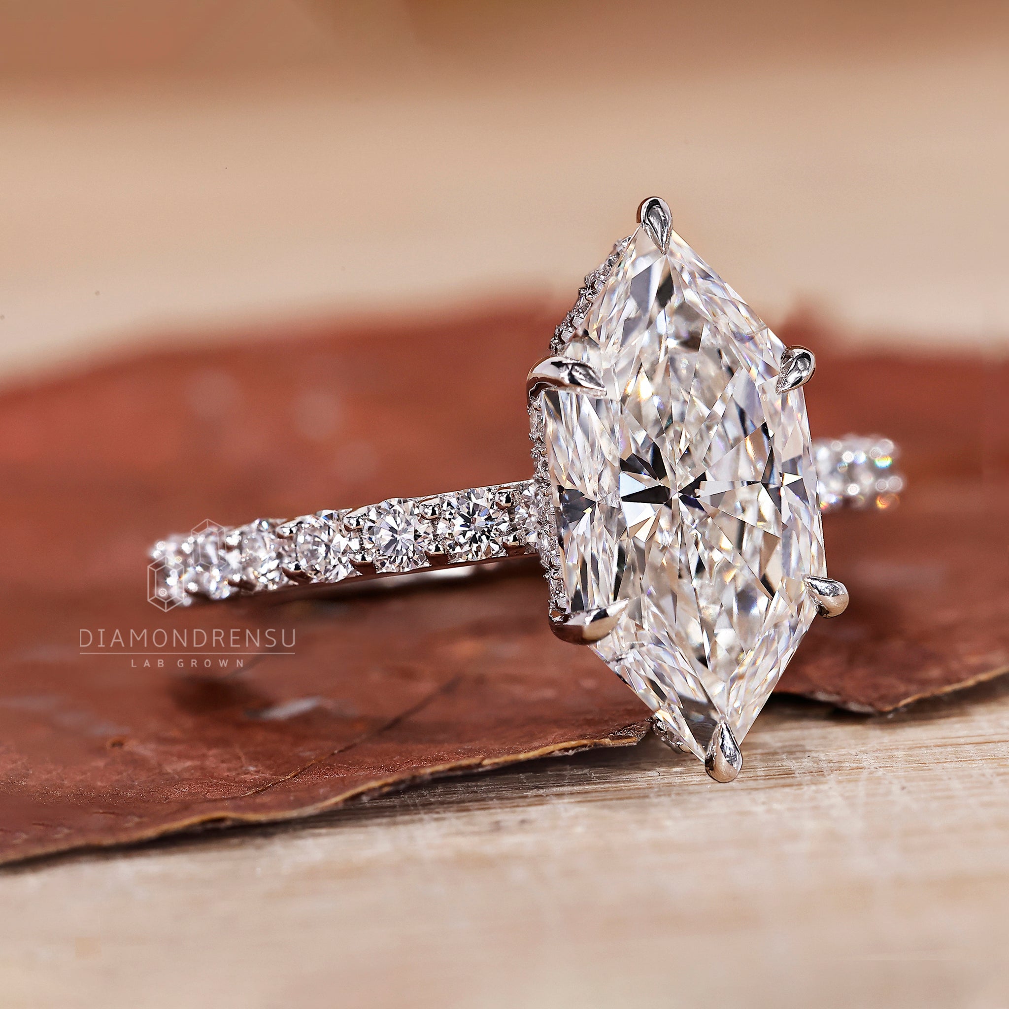 Dutch marquise diamond ring crafted in white gold.
