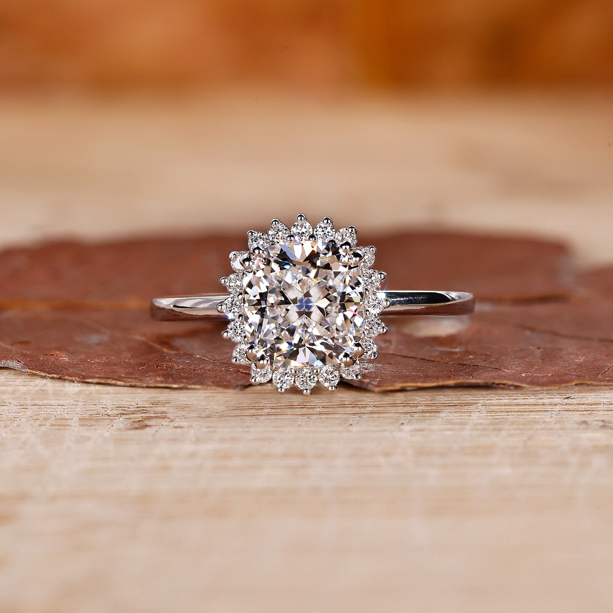 Halo Diamond Ring with cushion cut diamond ring
