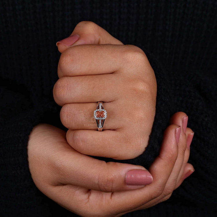 Cathedral setting ring with a radiant cut diamond in white gold, blending classic and modern styles beautifully.