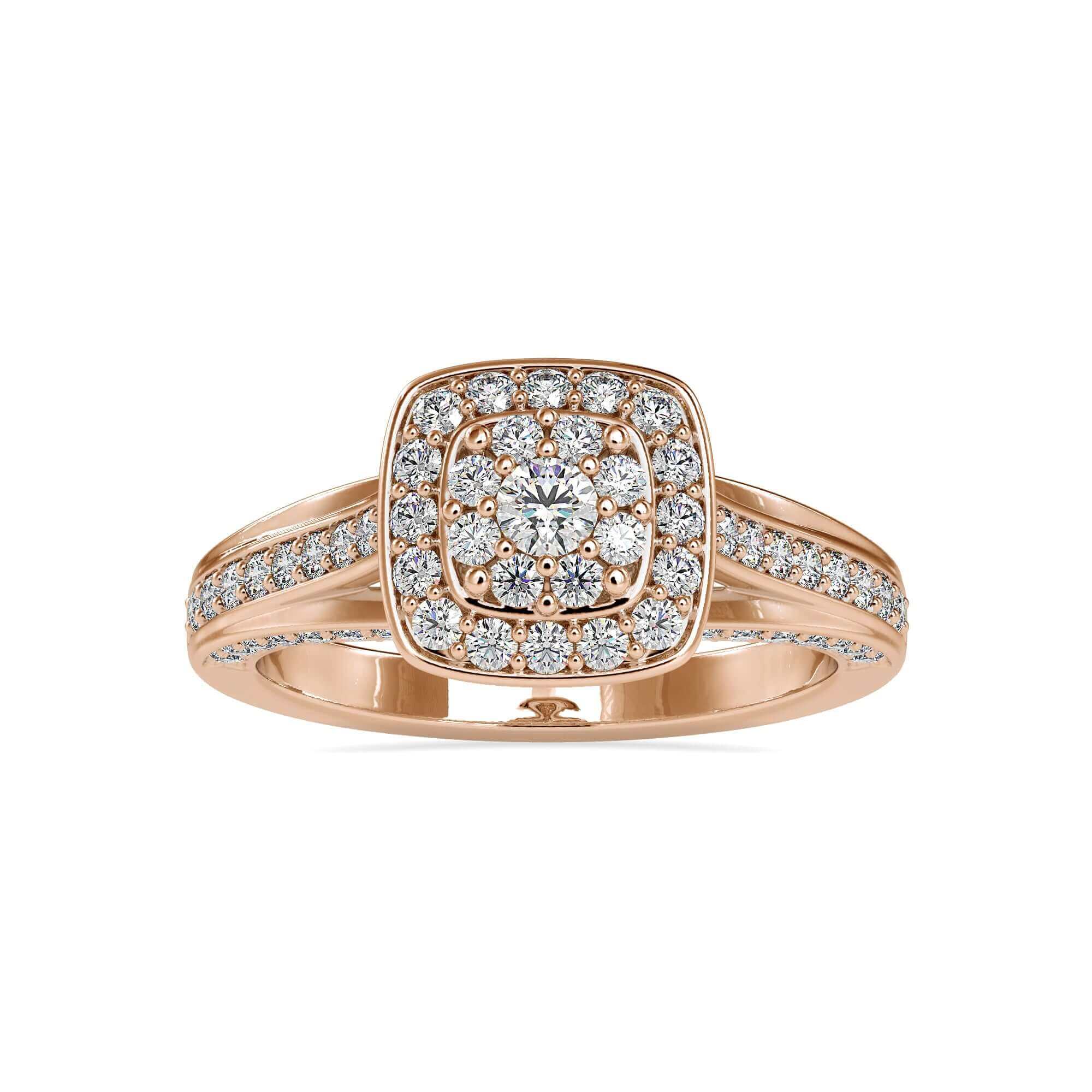 Pave and side stone engagement rings with a stunning round diamond and bridge accent.
