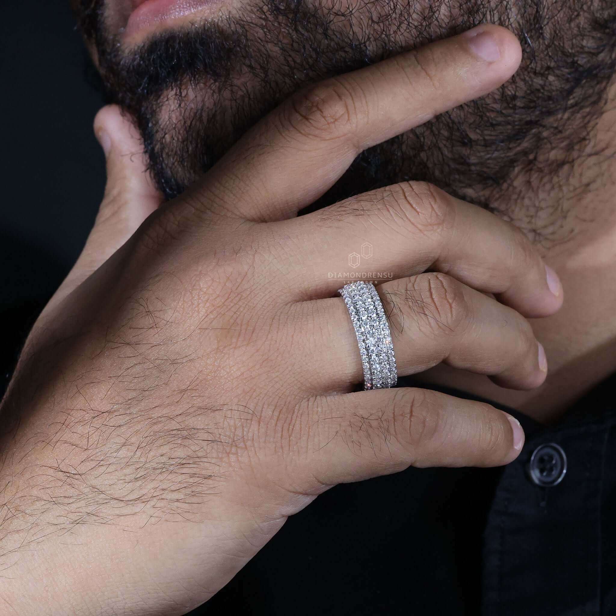 Mens diamond ring with a multi row pave diamond design, ideal for bold and elegant proposals.