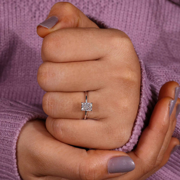 Radiant cut white gold engagement ring, crafted to showcase modern elegance.