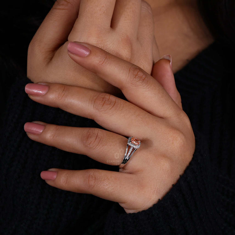 4 prong engagement ring with a radiant diamond ring in a halo diamond ring setting for timeless charm.
