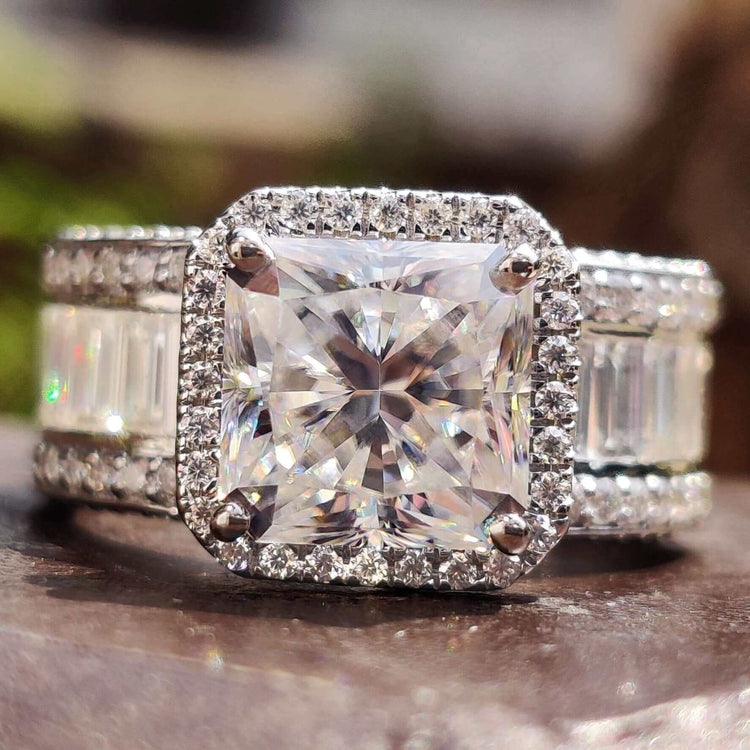 Channel set engagement ring with radiant cut moissanite.
