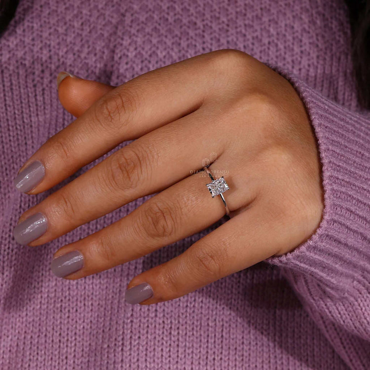 Radiant cut diamond engagement ring for women, made with white gold.