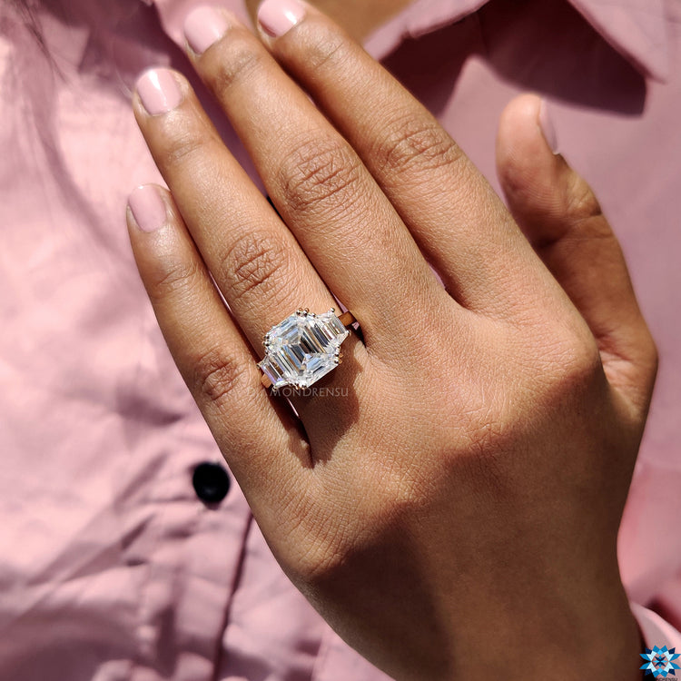 Buy engagement ring with three stone setting and double prong design.
