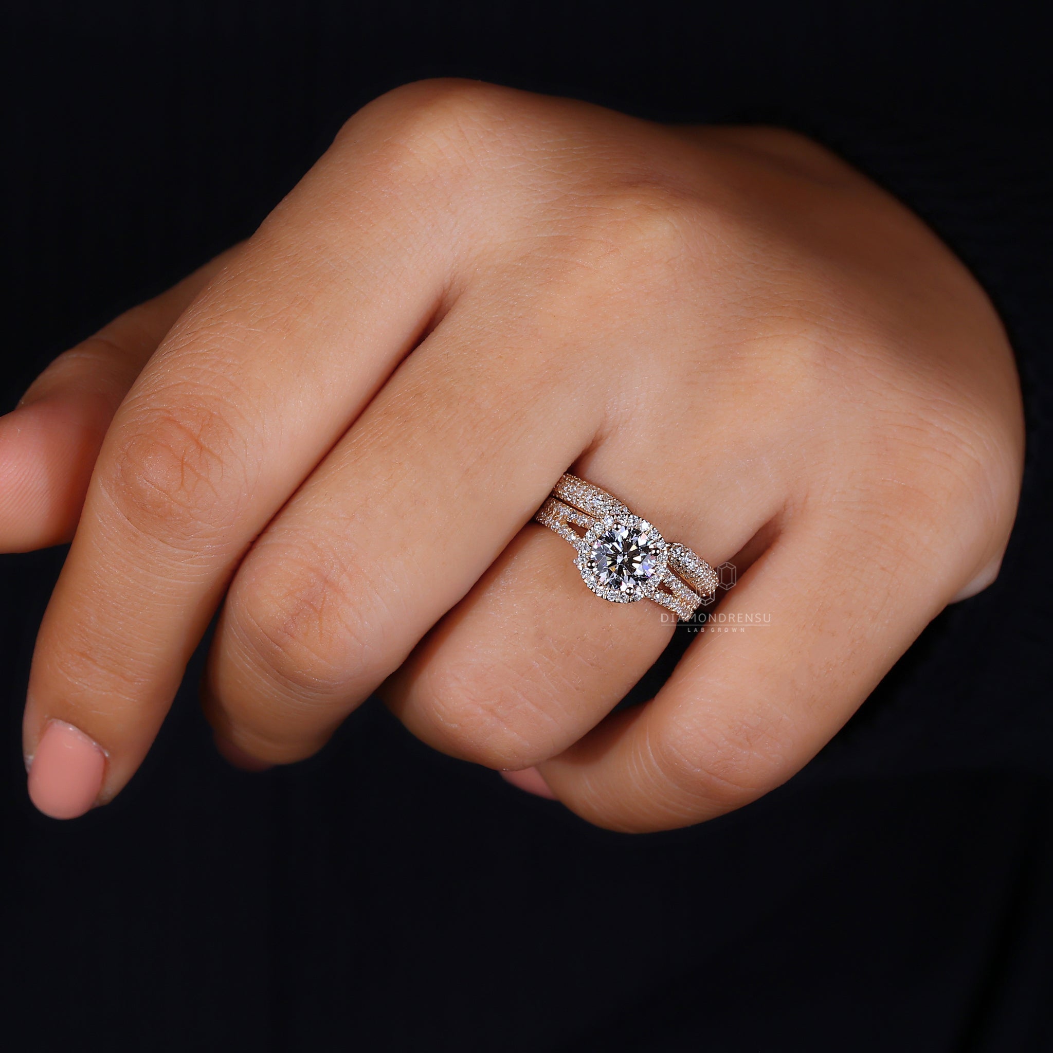 Open gap wedding band with pave diamonds.
