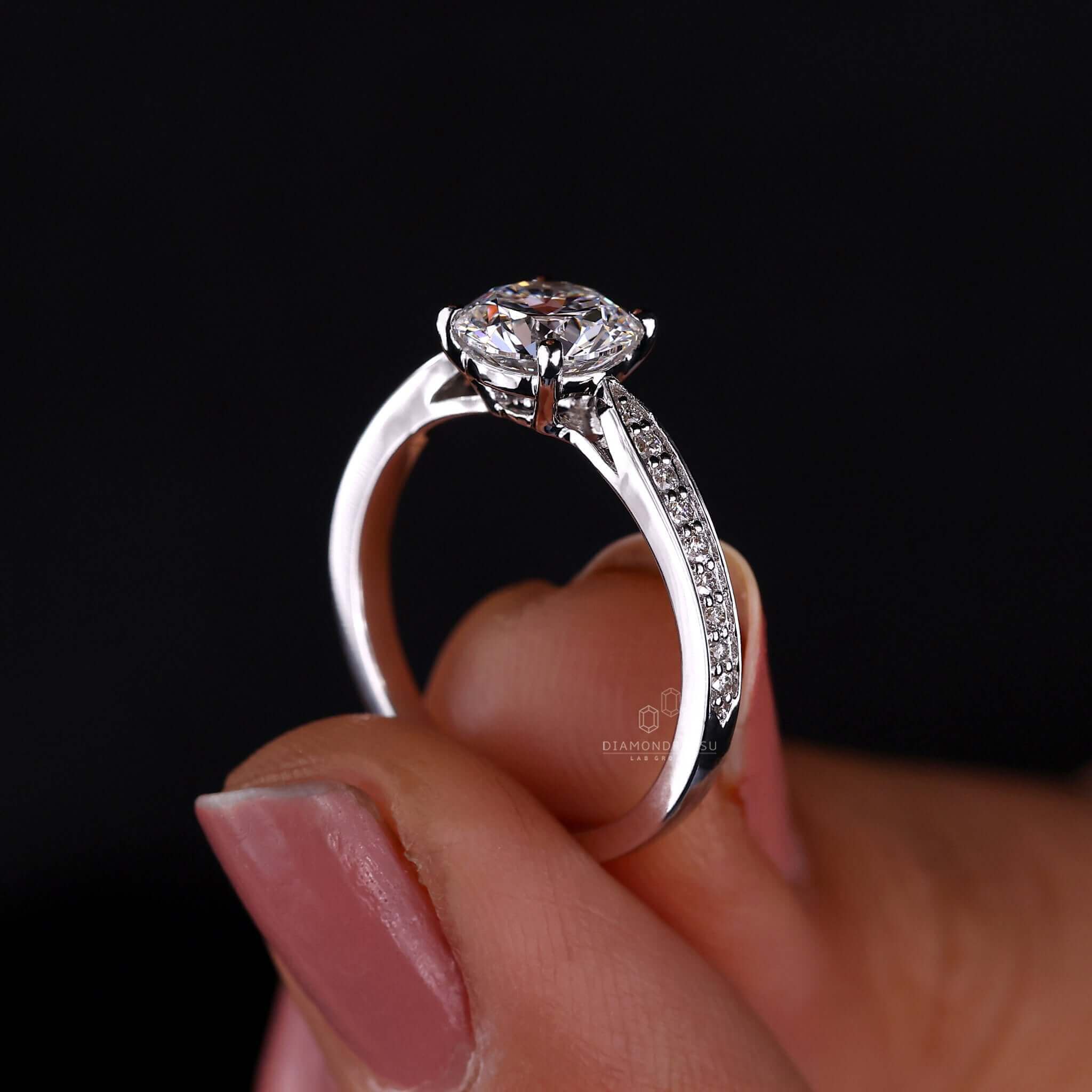 Tapered pave ring with a round diamond ring design, perfect for creating a unique engagement ring for women.