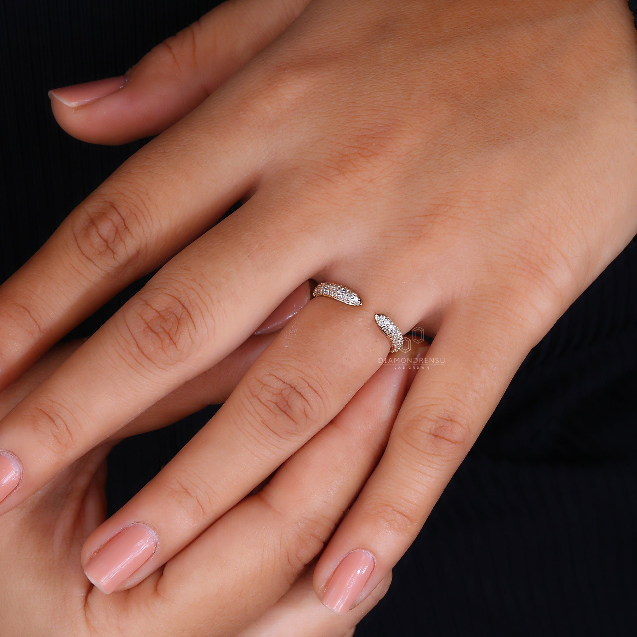 Open gap wedding band with lab grown diamonds.
