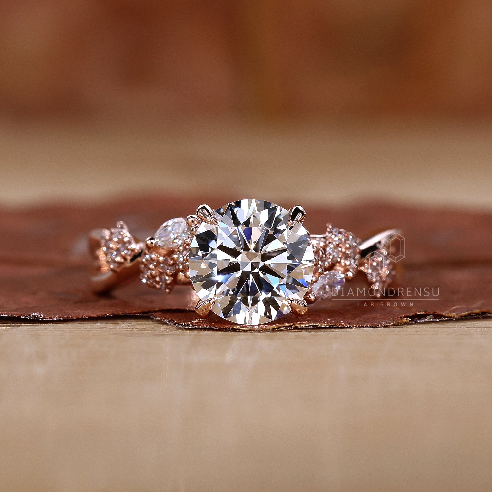 Nature inspired engagement ring featuring unique design details.