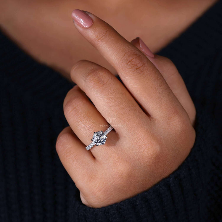 Brilliant cut diamond engagement ring with pave diamonds, perfect for women seeking a unique engagement ring style.
