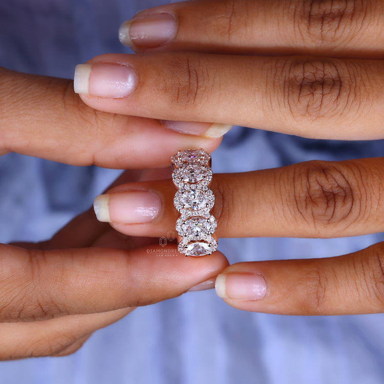 Prong setting ring designed for secure hold and clear visibility of each diamond.
