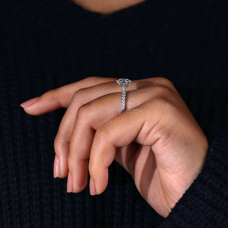 Engagement ring with pave accents and tulip basket design, featuring an igi certified Lab Grown Diamond.
