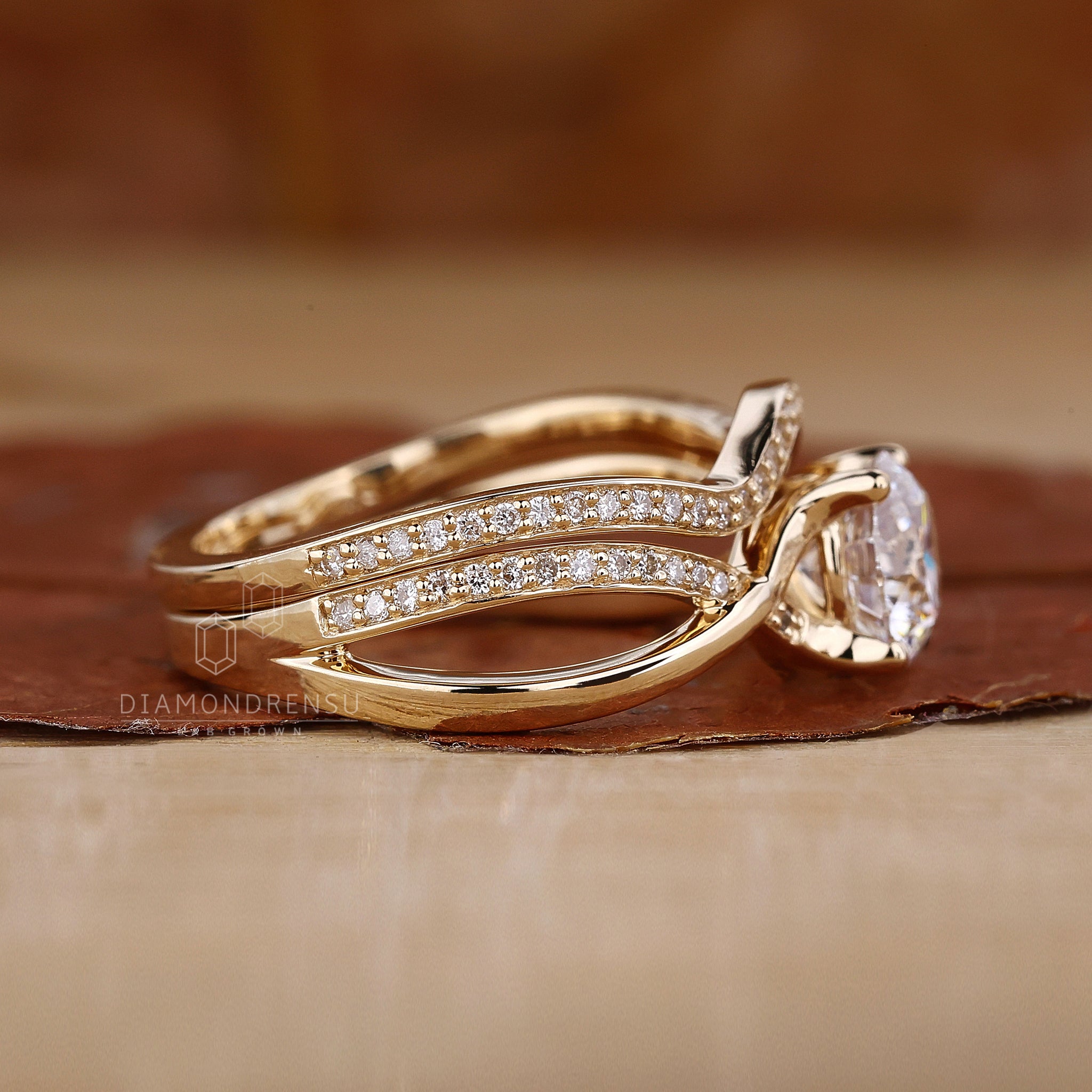 Curved wedding band with pave diamonds.
