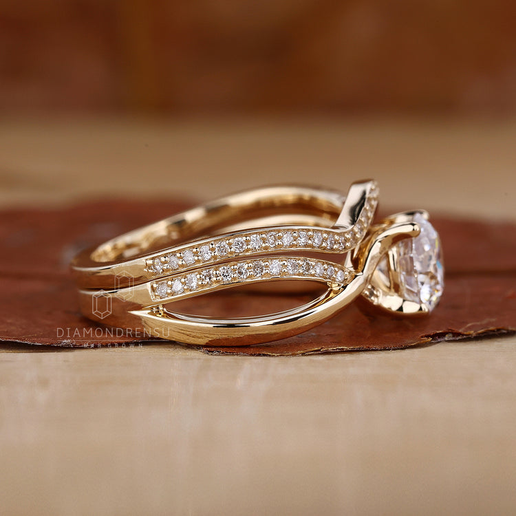 Curved wedding band with pave diamonds.
