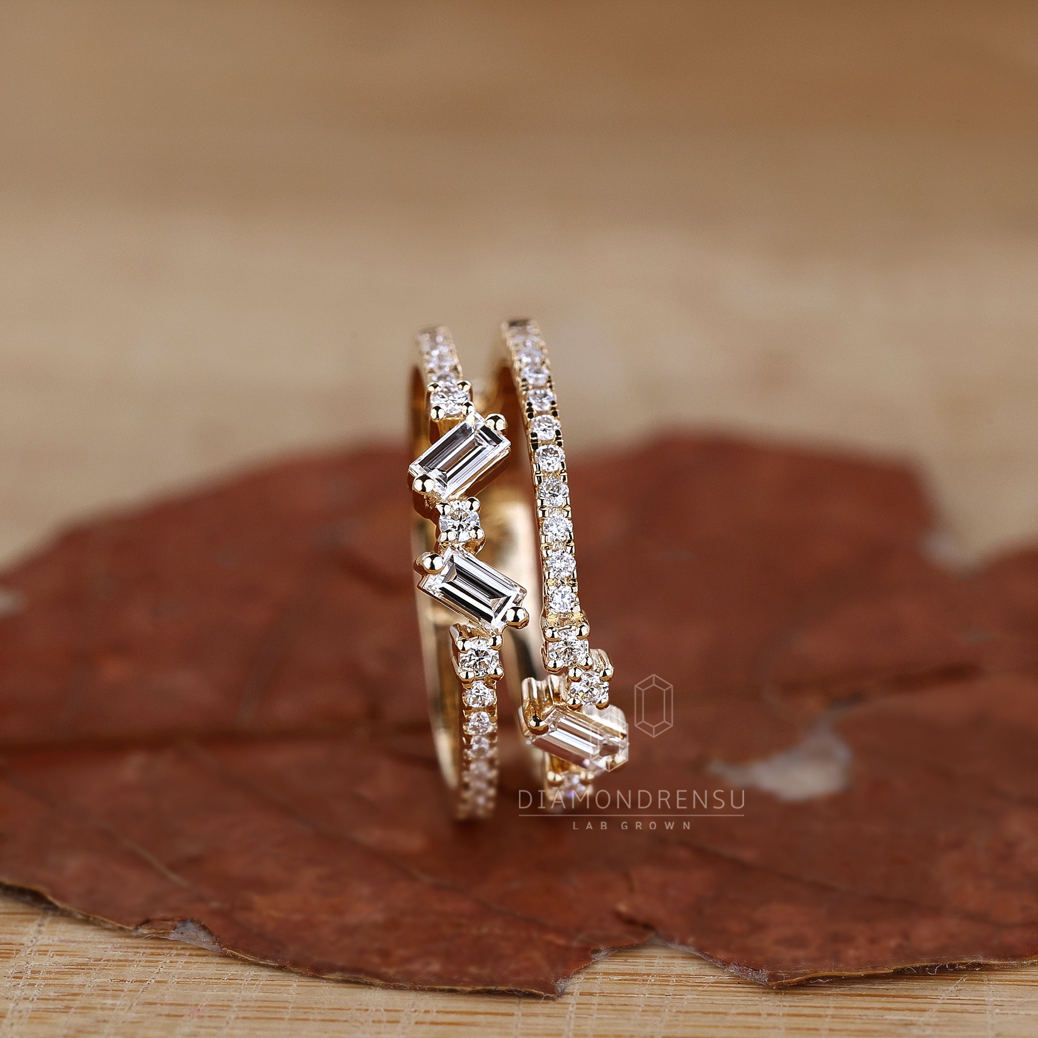 Double row lab diamond wedding ring in pave setting
