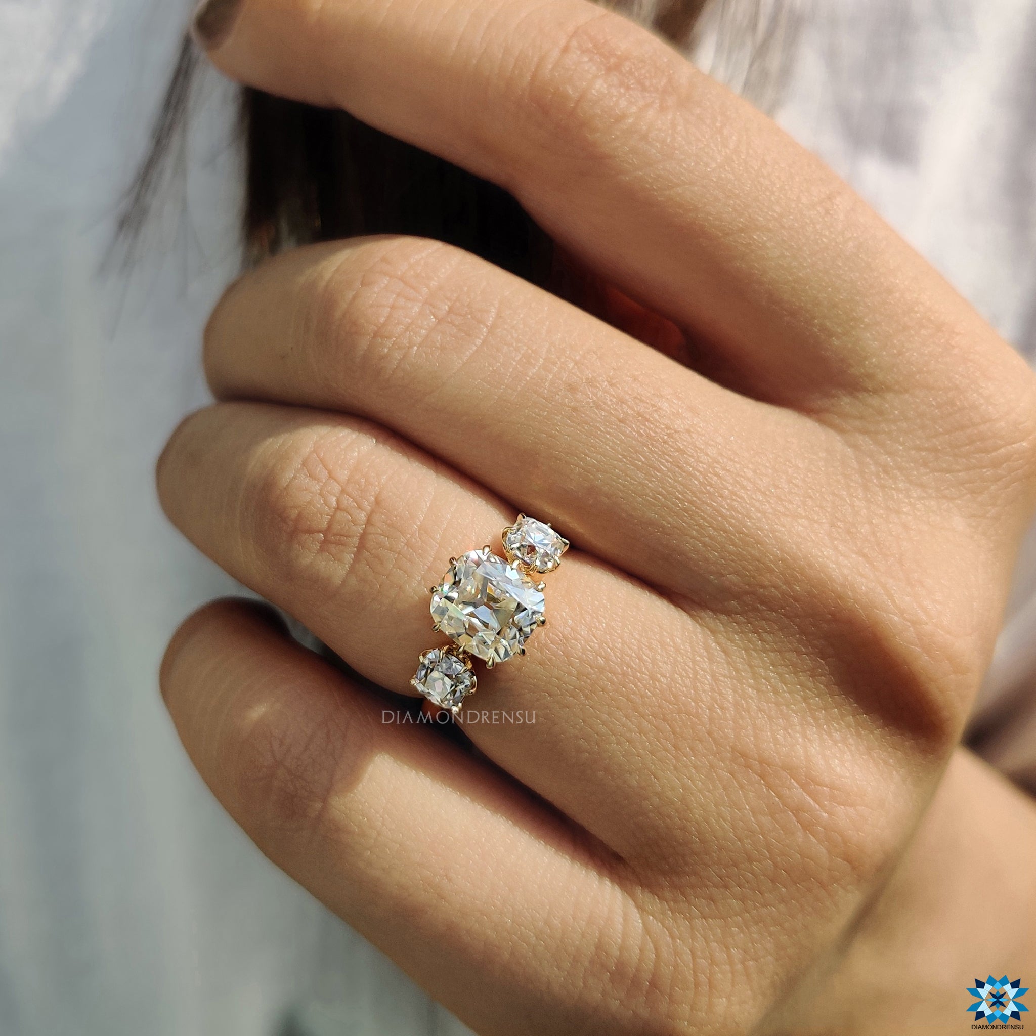 Moissanite ring in cushion old mine cut ring style
