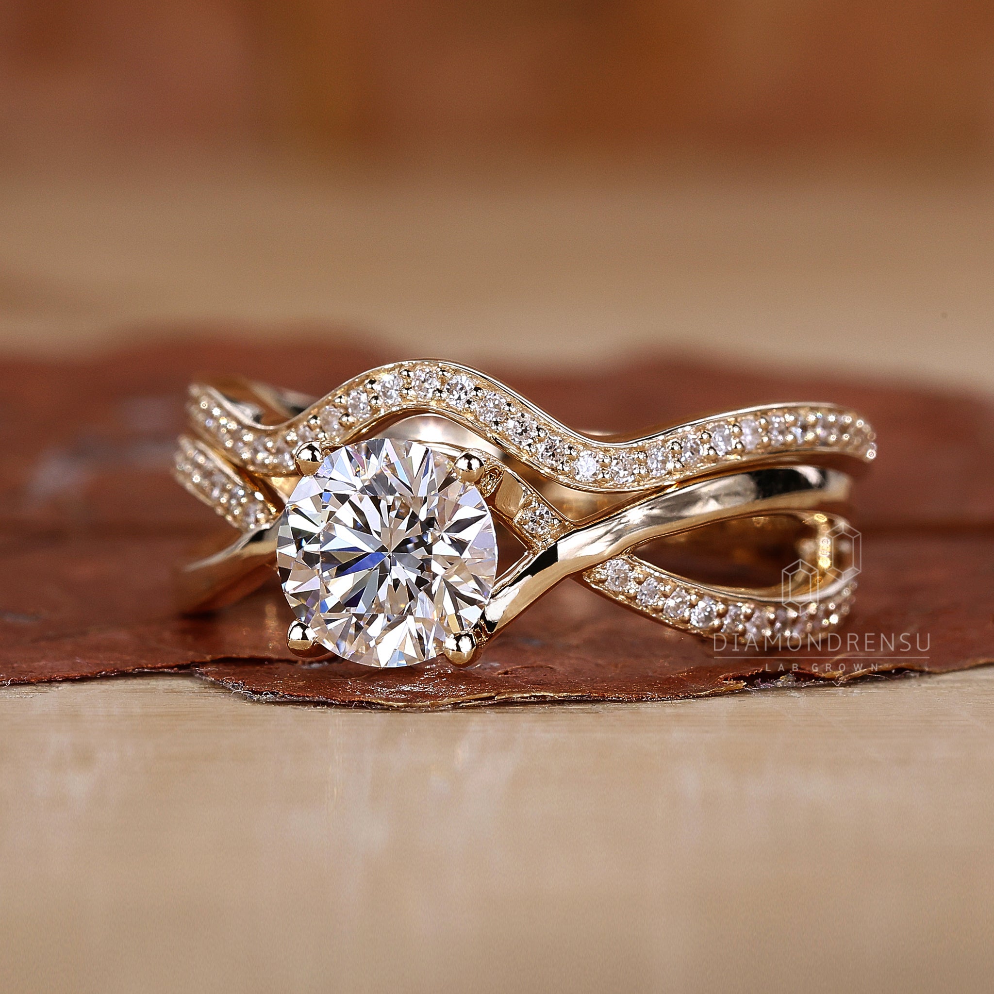 Round pave band with matching wedding band.
