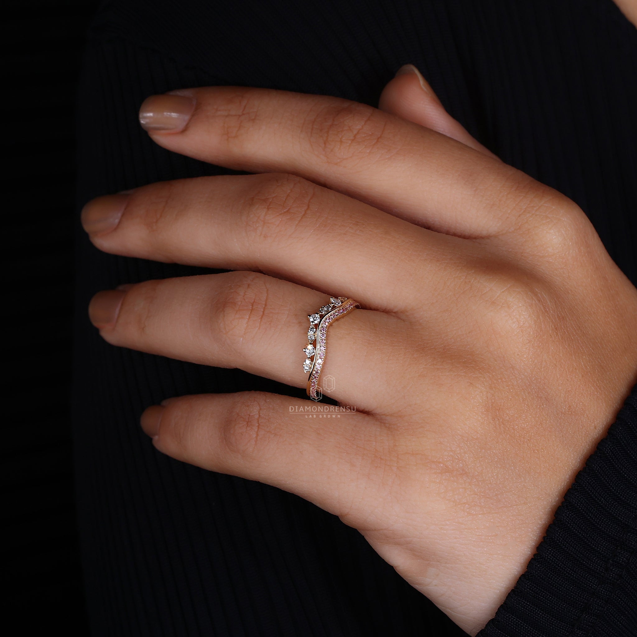 White gold tiara wedding ring with lab diamonds.
