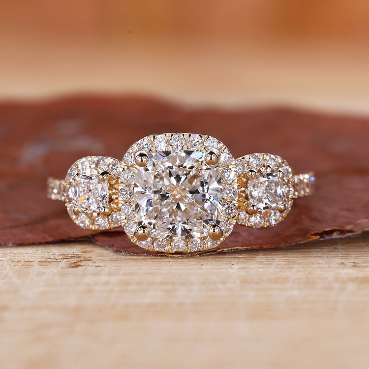 Three Stone Engagement Ring with cushion cut ring
