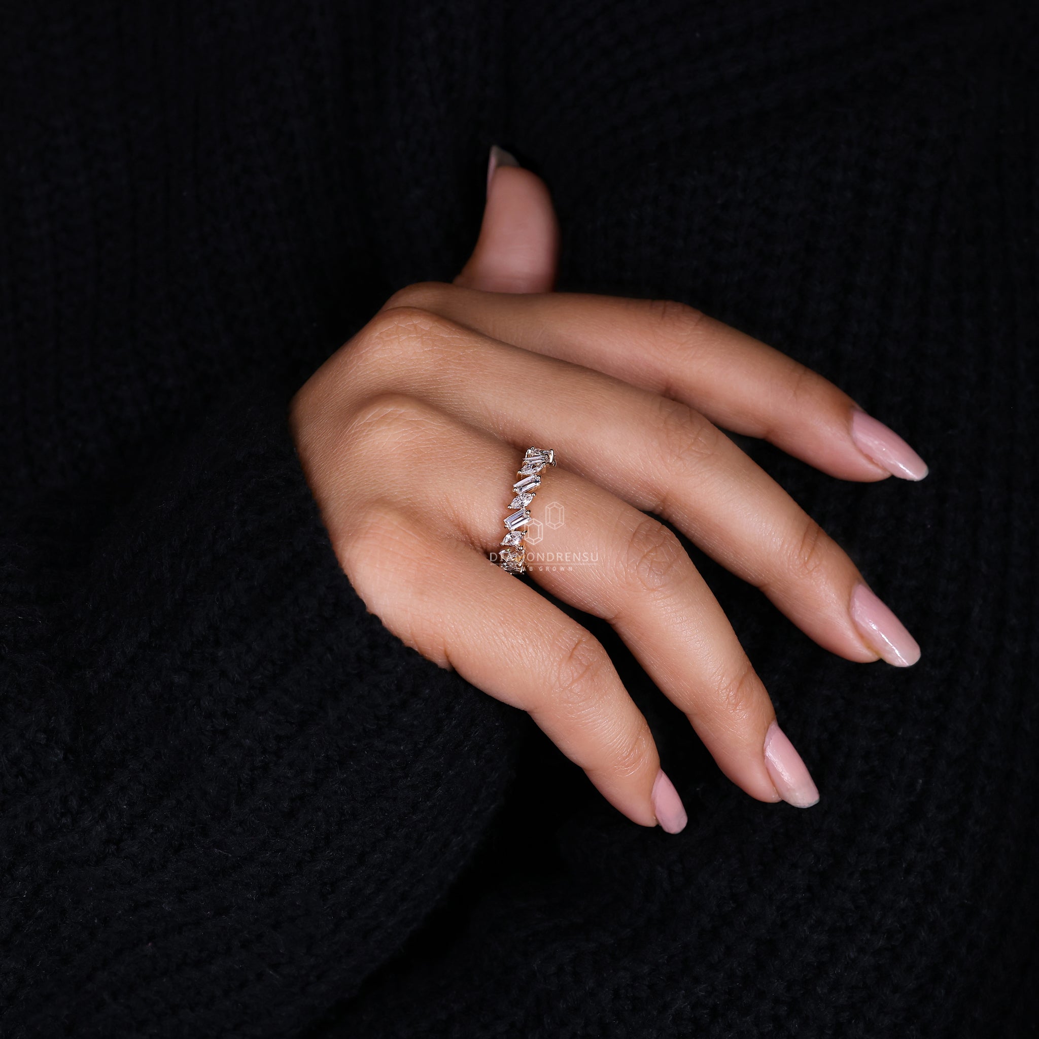 Lab grown diamond wedding band in yellow gold.
