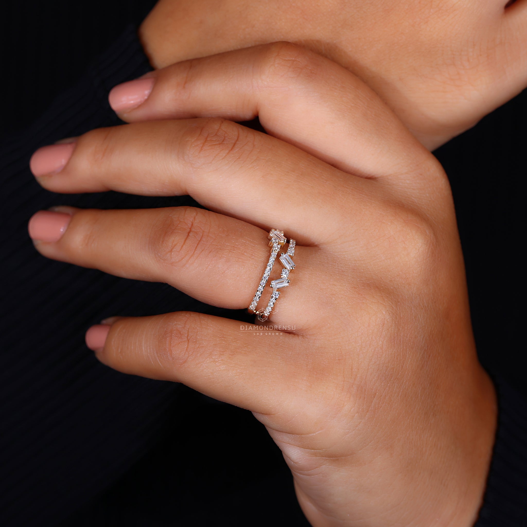 UK wedding band with lab grown baguette and round diamonds
