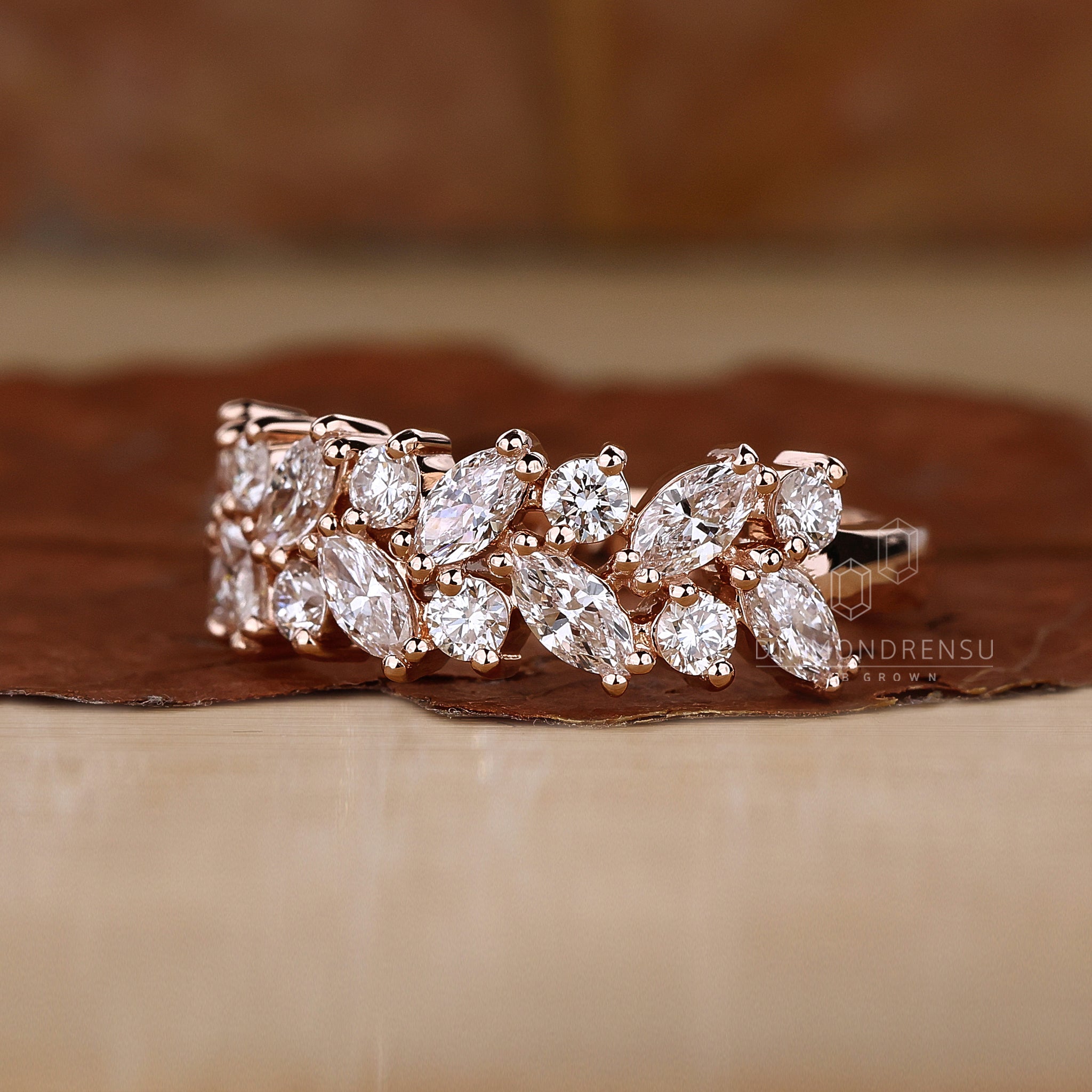 Rose gold two row marquise diamond wedding band.

