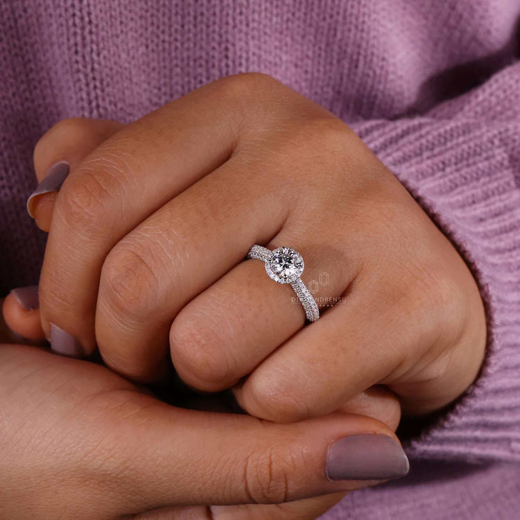 Elegant three-row pave engagement ring in white gold finish.