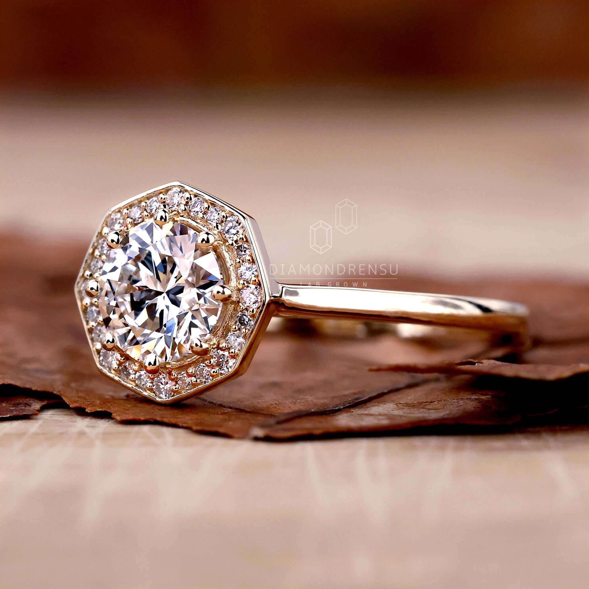 Octagon halo engagement ring featuring a stunning IGI-certified diamond.