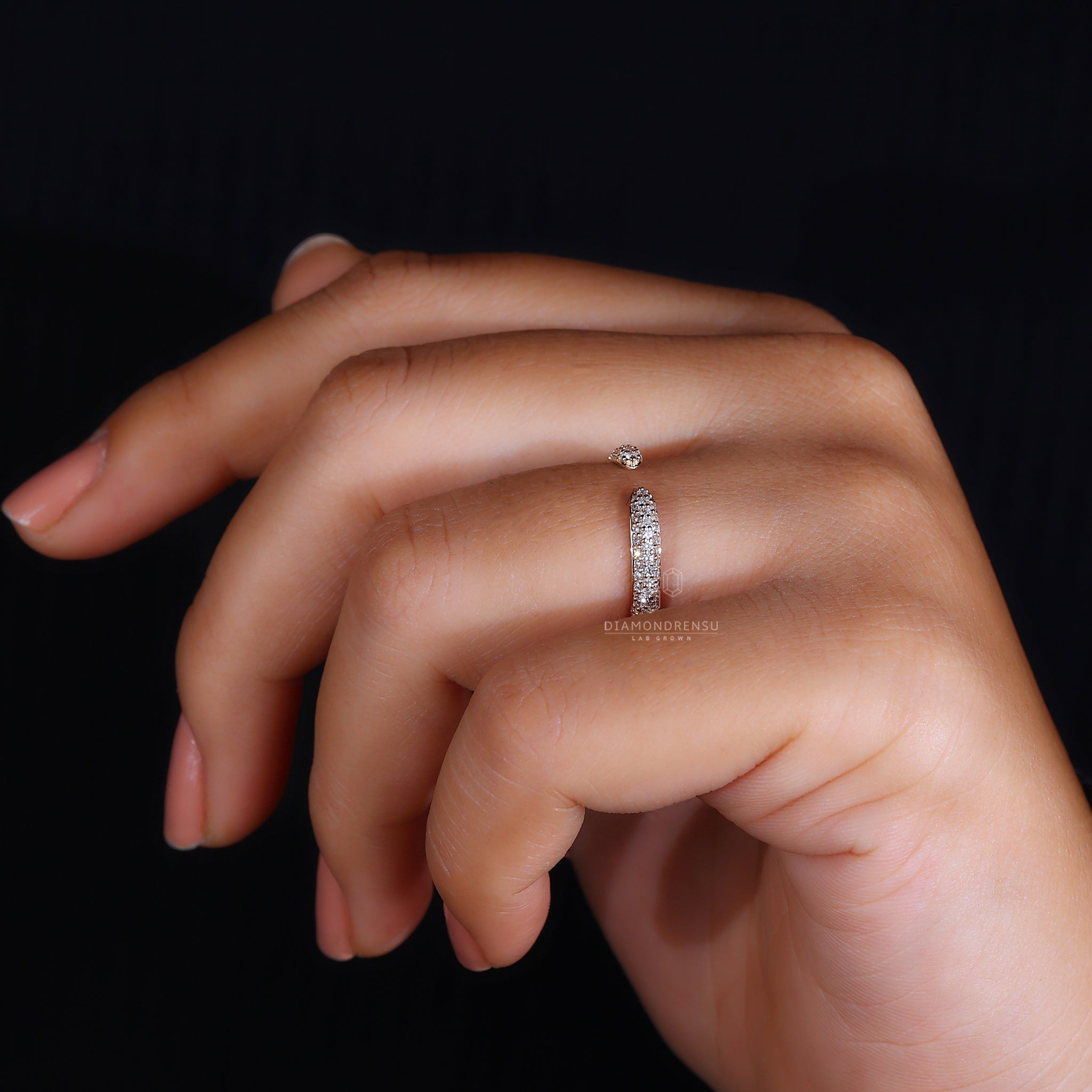 Lab diamond wedding band with three rows of pave diamonds.
