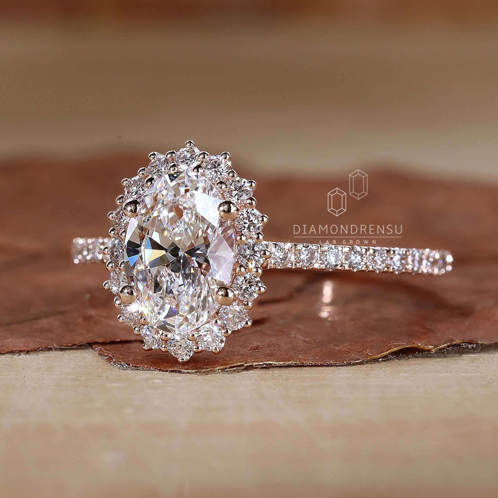 Stunning oval engagement ring with a halo ring setting for added brilliance.