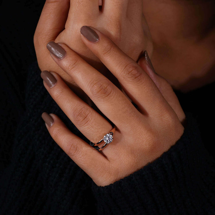 Solitaire and diamond set in a unique engagement ring with lab-grown quality.