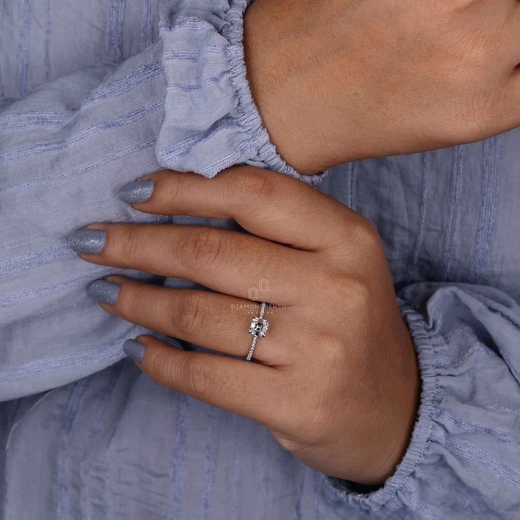 Asscher cut pave engagement ring crafted with handmade precision.