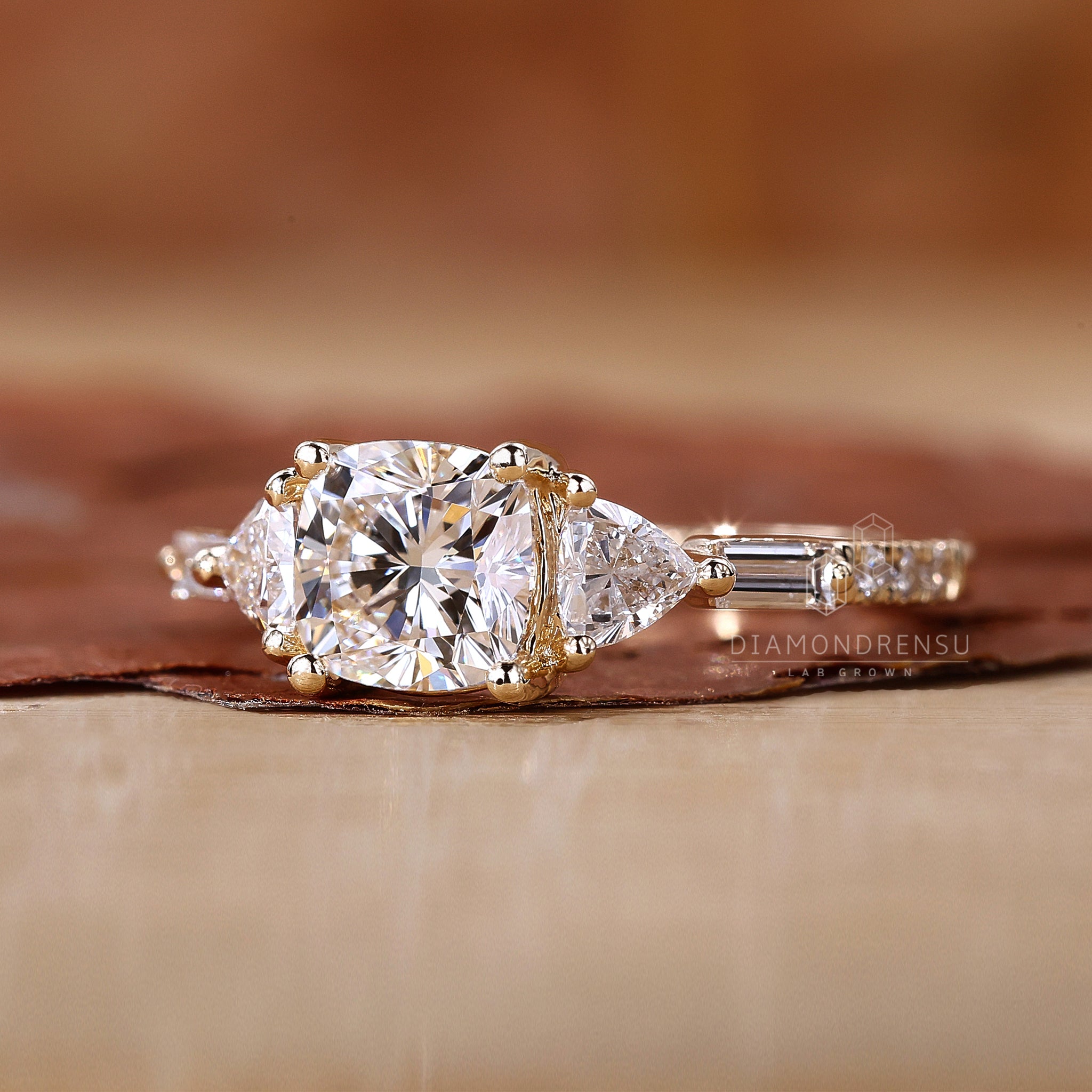 Baguette and round side stone with pave setting.
