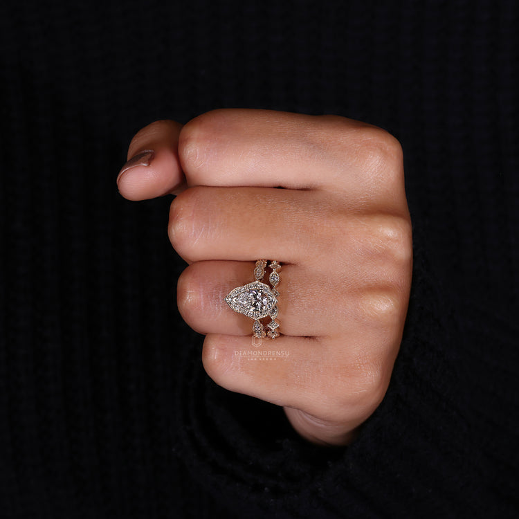 3/4 eternity band in yellow gold bridal set with vintage style bridal set finish.
