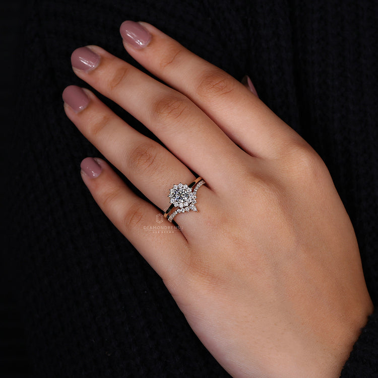 Pear and round diamond band designed as a half eternity style.
