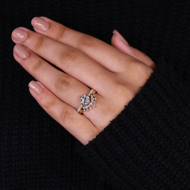 Lab Grown Diamond bridal set featuring custom round ring and tiara band.
