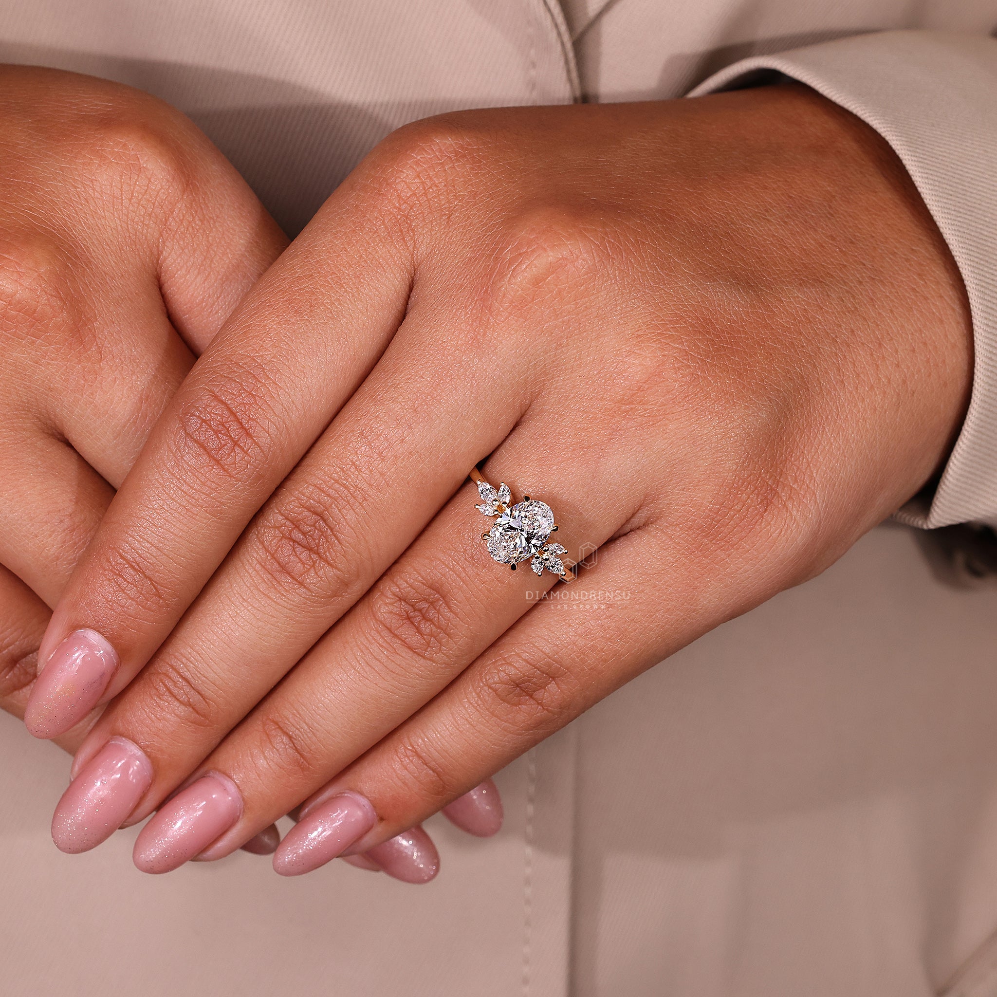 Marquise diamond ring paired with a handmade gold band.
