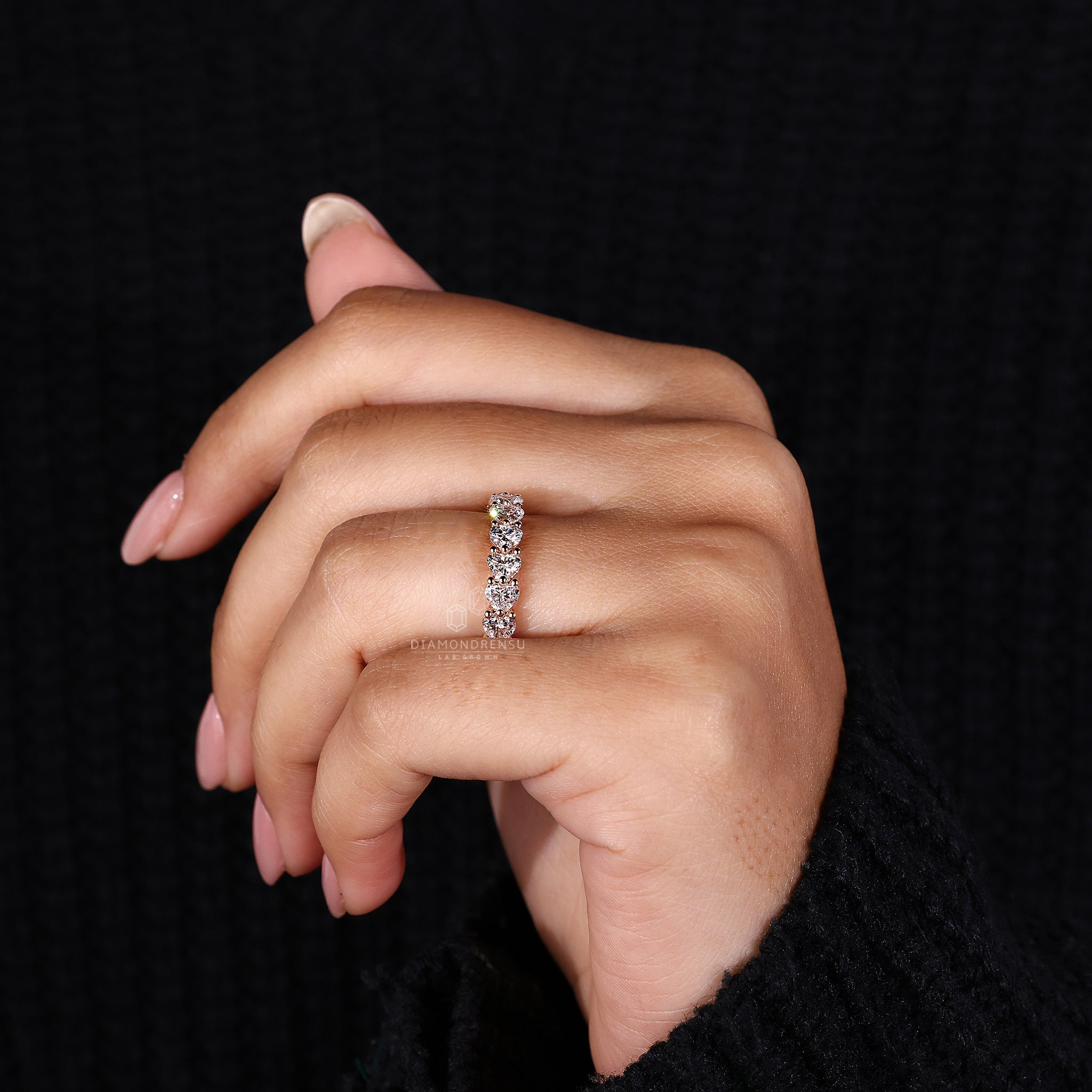 Lab grown heart shaped diamond wedding band.
