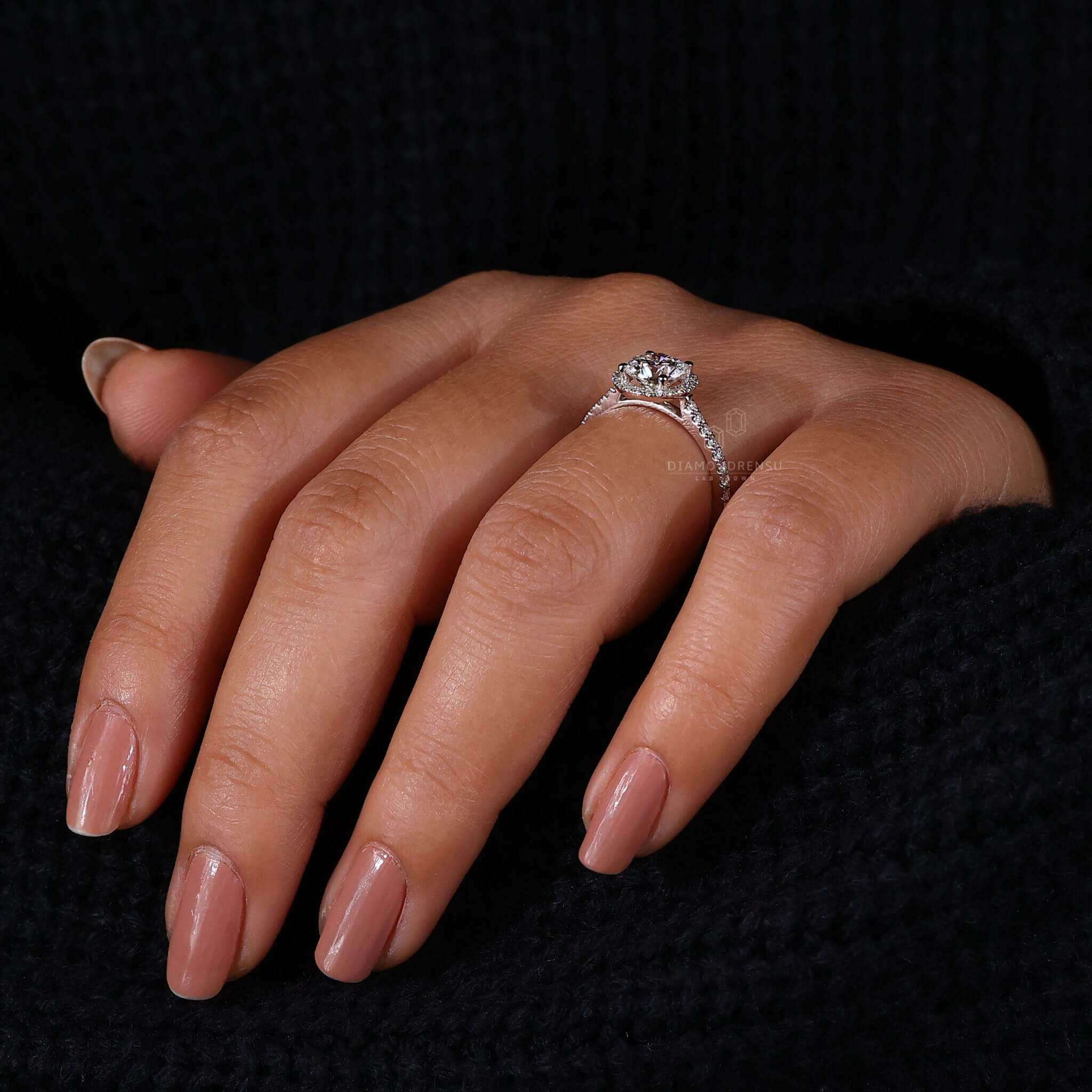 Halo diamond ring white gold for a sophisticated, classic look.