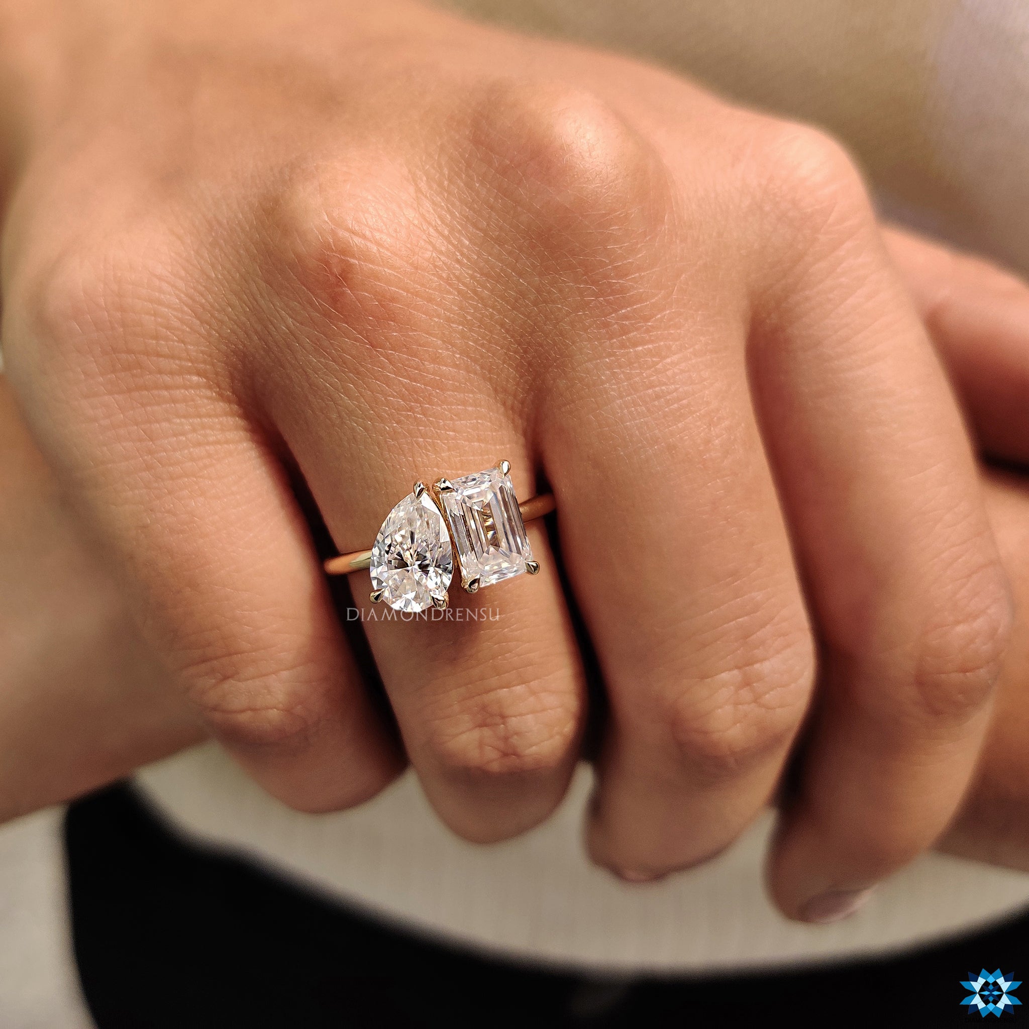 Custom engagement ring with toi et moi ring emerald and pear
