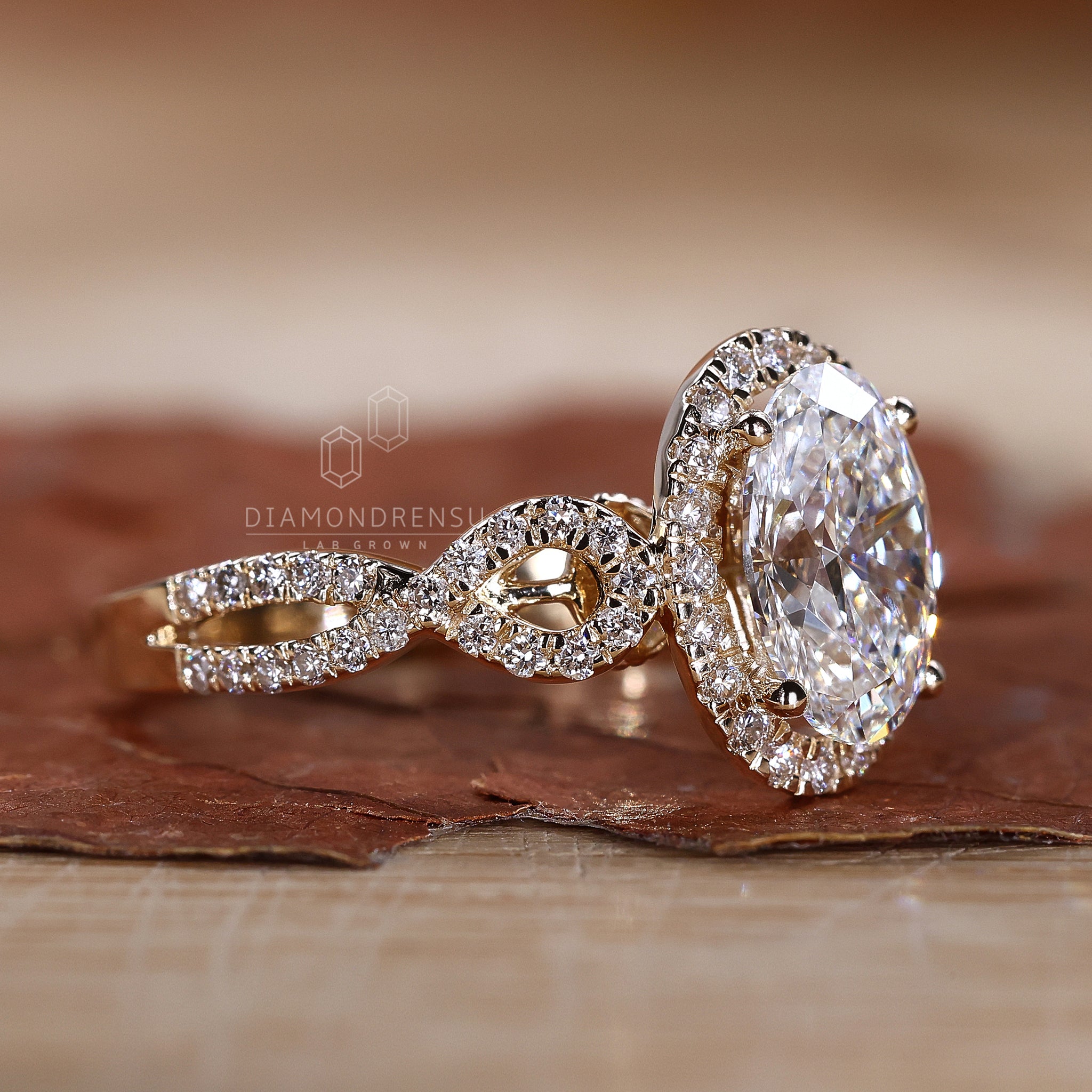 Yellow gold engagement ring with halo style.
