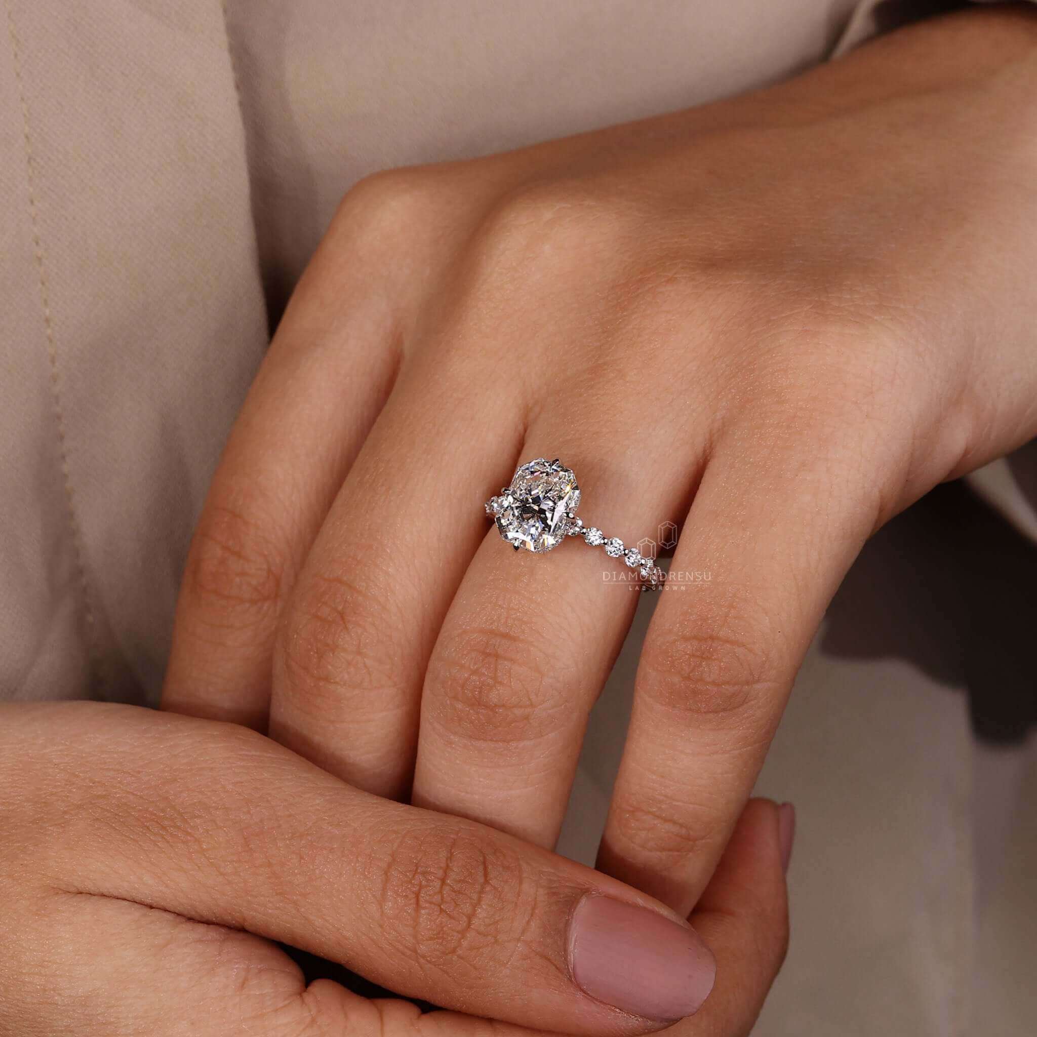 Pave ring with a radiant ring design and a classic double pave ring style.